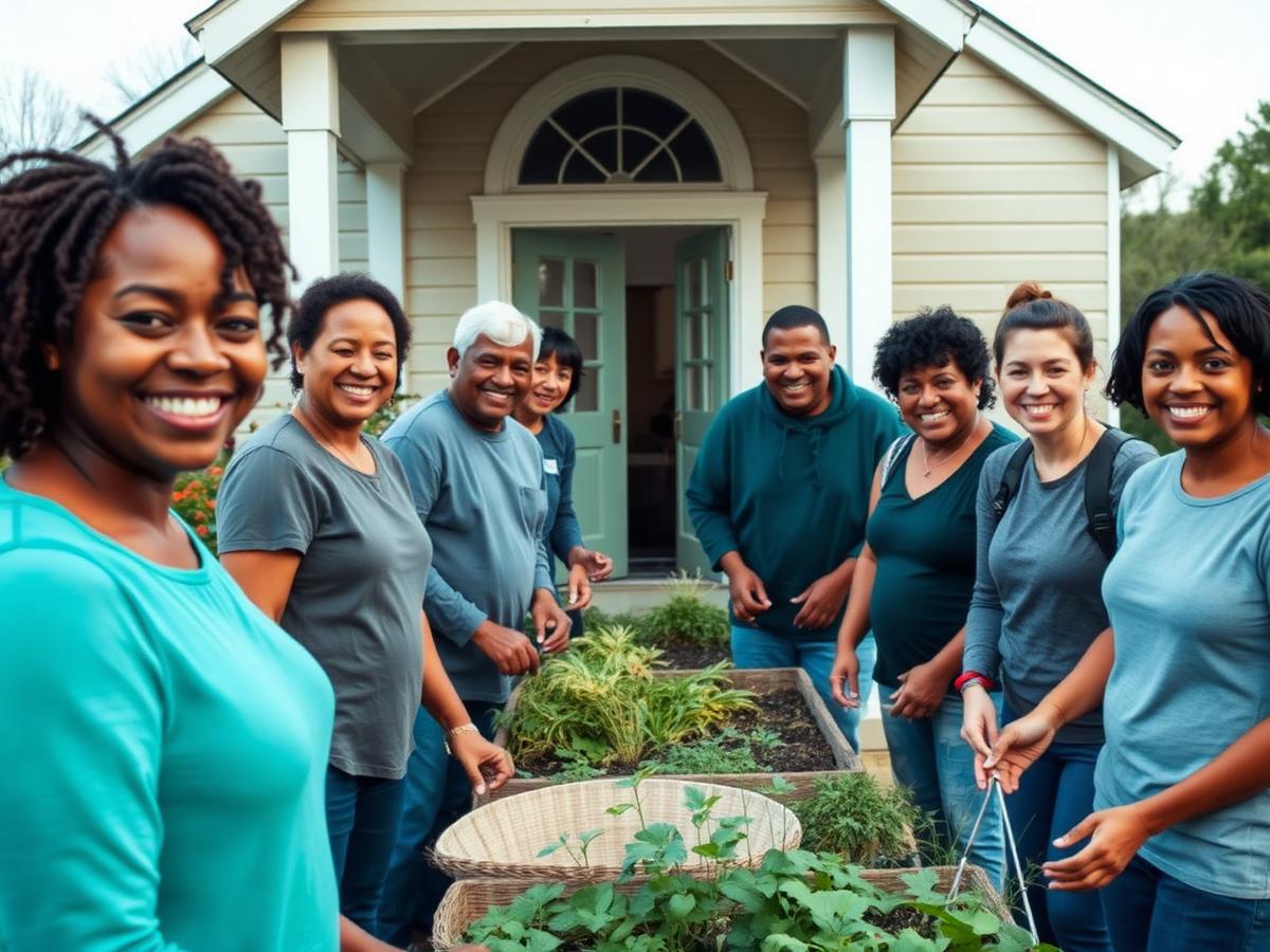 Neighbors volunteering together at a rural community garden