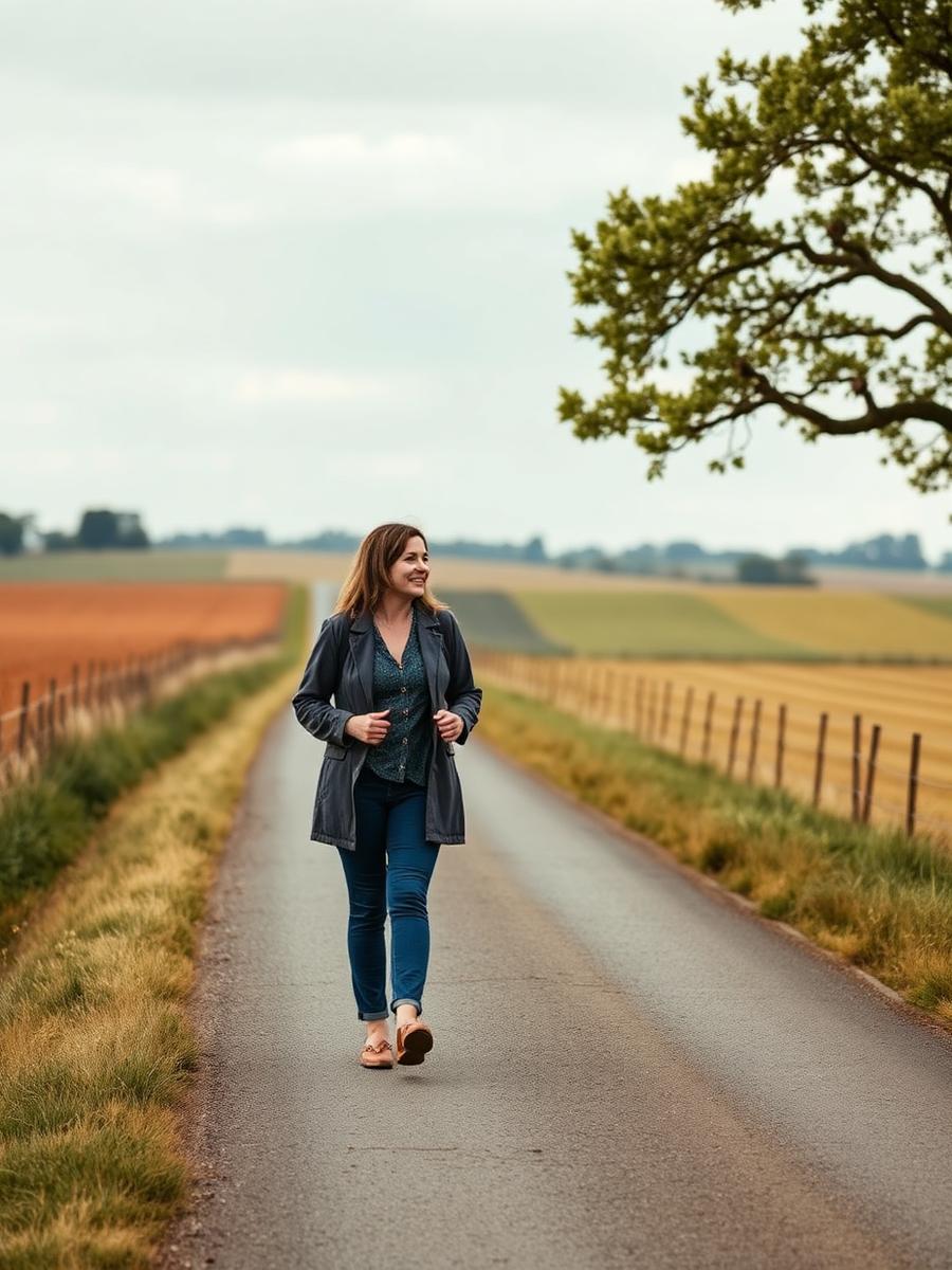 A case manager walking with a client along a country road